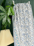 White Blue Exotic Wisconsin Bloom Garden Kantha Stitch Bed Throw Dohar Hand-block Artisan Summer
