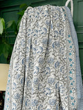 White Blue Exotic Wisconsin Bloom Garden Kantha Stitch Bed Throw Dohar Hand-block Artisan Summer