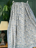 White Blue Exotic Wisconsin Bloom Garden Kantha Stitch Bed Throw Dohar Hand-block Artisan Summer