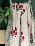 Pastel White Red Green French Stripe Kantha Stitch Bed Throw Dohar Hand-block Artisan Summer