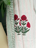 Pastel White Red Green French Stripe Kantha Stitch Bed Throw Dohar Hand-block Artisan Summer