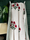 Pastel White Red Green French Stripe Kantha Stitch Bed Throw Dohar Hand-block Artisan Summer