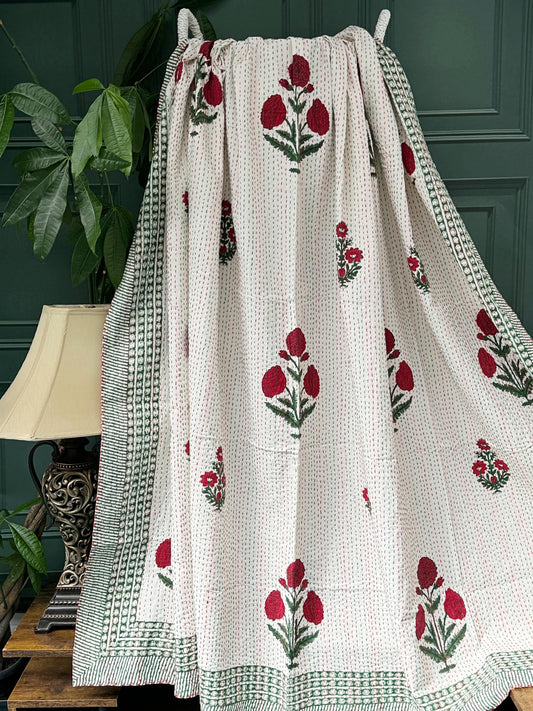 Pastel White Red Green French Stripe Kantha Stitch Bed Throw Dohar Hand-block Artisan Summer