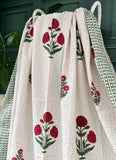 Pastel White Red Green French Stripe Kantha Stitch Bed Throw Dohar Hand-block Artisan Summer
