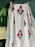 Pastel White Red Green French Stripe Kantha Stitch Bed Throw Dohar Hand-block Artisan Summer