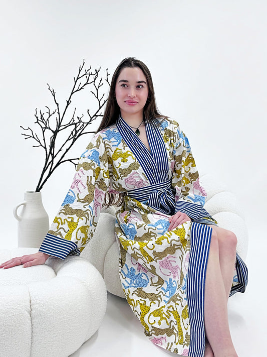 Pure Cotton Block printed White Blue Cheetah