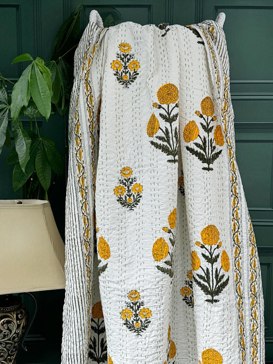 White Yellow Green Marigold Garden Stripe Kantha Stitch Bed Throw Dohar Hand-block Artisan Summer