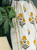 White Yellow Green Marigold Garden Stripe Kantha Stitch Bed Throw Dohar Hand-block Artisan Summer