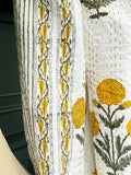 White Yellow Green Marigold Garden Stripe Kantha Stitch Bed Throw Dohar Hand-block Artisan Summer