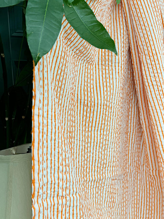 Artisanal Indian Blankets Orange White Stripes Kantha Stitch Bed Throw Dohar Hand-block Artisan Summer