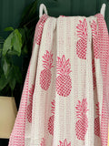 Indian Blankets Summer White Pink Pineapple Stripe Kantha Stitch Bed Throw Dohar Hand-block Artisan Summer