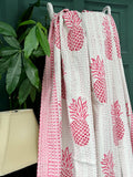 Indian Blankets Summer White Pink Pineapple Stripe Kantha Stitch Bed Throw Dohar Hand-block Artisan Summer