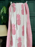 Indian Blankets Summer White Pink Pineapple Stripe Kantha Stitch Bed Throw Dohar Hand-block Artisan Summer