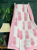Indian Blankets Summer White Pink Pineapple Stripe Kantha Stitch Bed Throw Dohar Hand-block Artisan Summer