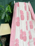 Indian Blankets Summer White Pink Pineapple Stripe Kantha Stitch Bed Throw Dohar Hand-block Artisan Summer