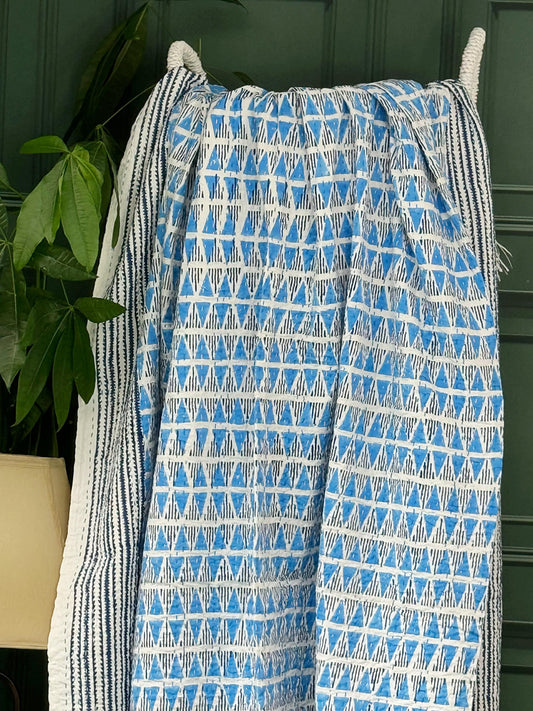 White Blue Geometric Triangle Chevron Wave Stripe Kantha Stitch Bed Throw Dohar Hand-block Artisan Summer