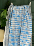 White Blue Geometric Triangle Chevron Wave Stripe Kantha Stitch Bed Throw Dohar Hand-block Artisan Summer