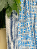 White Blue Geometric Triangle Chevron Wave Stripe Kantha Stitch Bed Throw Dohar Hand-block Artisan Summer