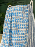 White Blue Geometric Triangle Chevron Wave Stripe Kantha Stitch Bed Throw Dohar Hand-block Artisan Summer