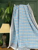 White Blue Geometric Triangle Chevron Wave Stripe Kantha Stitch Bed Throw Dohar Hand-block Artisan Summer