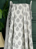 Leaf Design Floral Kantha Quilt in Gray and White Kantha Stitch Bed Throw Dohar Hand-block Artisan Summer