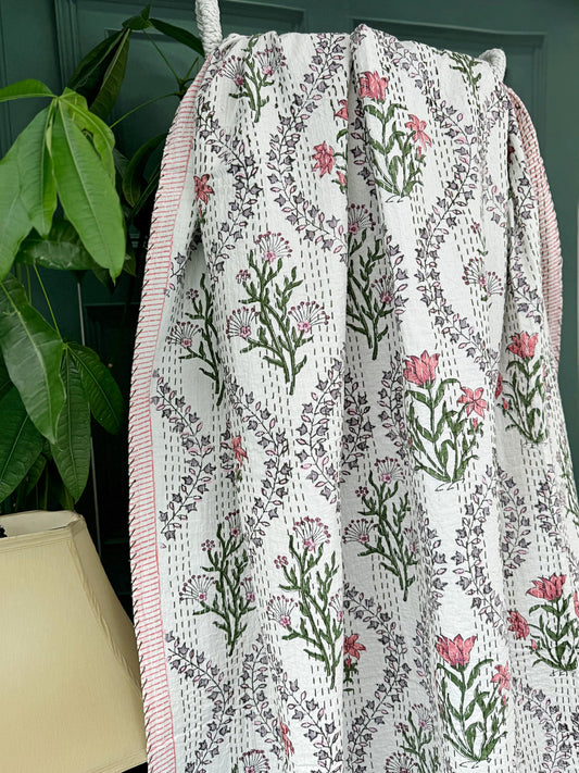 White Lavender Pink Green Twirl Stripe Kantha Stitch Bed Throw Dohar Hand-block Artisan Summer