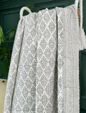 Elegant White Grey Tribal Motif Stripe Kantha Stitch Bed Throw Dohar Hand-block Artisan Summer