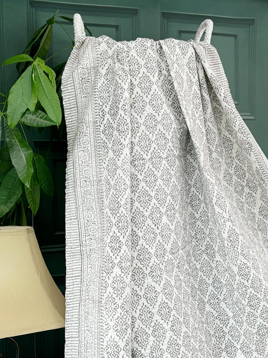 Elegant White Grey Tribal Motif Stripe Kantha Stitch Bed Throw Dohar Hand-block Artisan Summer