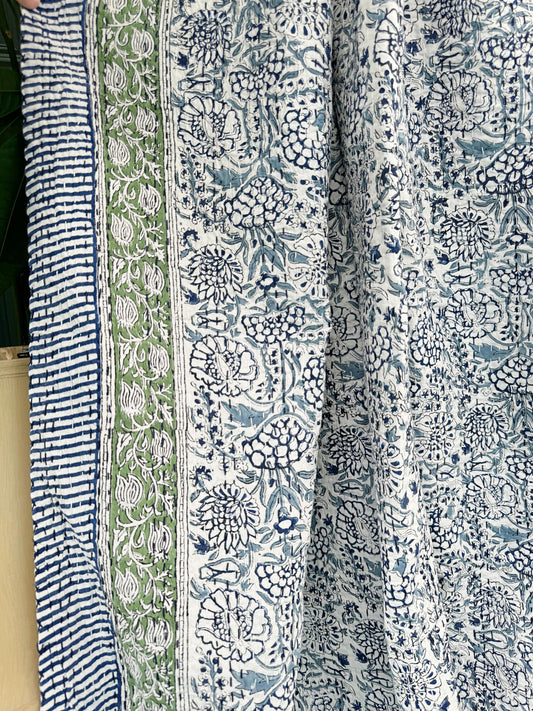 White Blue Garden Petal Leaves Stripe Kantha Stitch Bed Throw Dohar Hand-block Artisan Summer