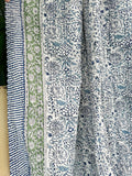 White Blue Garden Petal Leaves Stripe Kantha Stitch Bed Throw Dohar Hand-block Artisan Summer