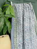 White Blue Garden Petal Leaves Stripe Kantha Stitch Bed Throw Dohar Hand-block Artisan Summer