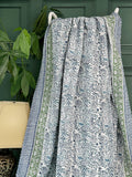 White Blue Garden Petal Leaves Stripe Kantha Stitch Bed Throw Dohar Hand-block Artisan Summer