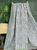 White Blue Garden Petal Leaves Stripe Kantha Stitch Bed Throw Dohar Hand-block Artisan Summer