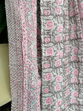 Grey Pink White Rustic Country Floral Stripe Kantha Stitch Bed Throw Dohar Hand-block Artisan Summer