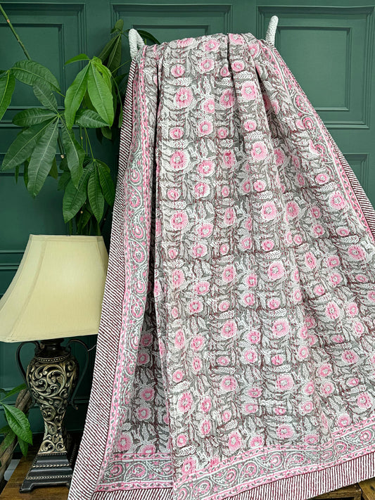 Grey Pink White Rustic Country Floral Stripe Kantha Stitch Bed Throw Dohar Hand-block Artisan Summer