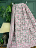 Grey Pink White Rustic Country Floral Stripe Kantha Stitch Bed Throw Dohar Hand-block Artisan Summer