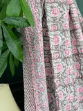 Grey Pink White Rustic Country Floral Stripe Kantha Stitch Bed Throw Dohar Hand-block Artisan Summer