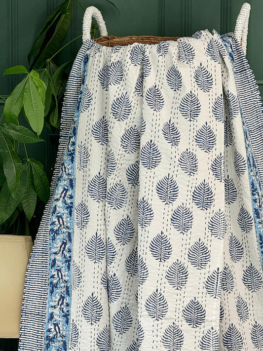 Summer Pastel White Blue Fern Leaf Motif Kantha Stitch Bed Throw Dohar Hand-block Artisan Summer