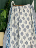 Summer Pastel White Blue Fern Leaf Motif Kantha Stitch Bed Throw Dohar Hand-block Artisan Summer