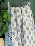 Summer Pastel White Blue Fern Leaf Motif Kantha Stitch Bed Throw Dohar Hand-block Artisan Summer