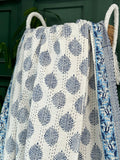 Summer Pastel White Blue Fern Leaf Motif Kantha Stitch Bed Throw Dohar Hand-block Artisan Summer