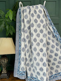 Summer Pastel White Blue Fern Leaf Motif Kantha Stitch Bed Throw Dohar Hand-block Artisan Summer
