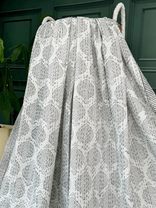 White Grey Tribal Statement Motif Kantha Stitch Bed Throw Dohar Hand-block Artisan Summer