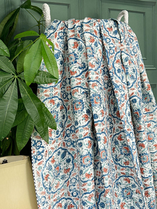 White Blue Rust Pottery Mandala Geometric Kantha Stitch Bed Throw Dohar Hand-block Artisan Summer