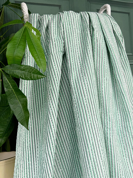 Artisanal Indian Blankets Green White Stripes Kantha Stitch Bed Throw Dohar Hand-block Artisan Summer