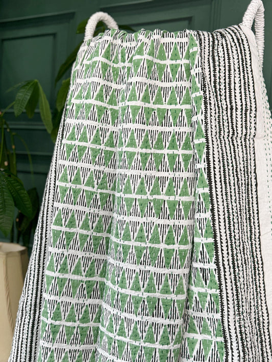 White Green Geometric Triangle Chevron Wave Stripe Kantha Stitch Bed Throw Dohar Hand-block Artisan Summer