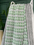 White Green Geometric Triangle Chevron Wave Stripe Kantha Stitch Bed Throw Dohar Hand-block Artisan Summer