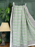 White Green Geometric Triangle Chevron Wave Stripe Kantha Stitch Bed Throw Dohar Hand-block Artisan Summer