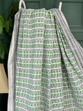 White Green Geometric Triangle Chevron Wave Stripe Kantha Stitch Bed Throw Dohar Hand-block Artisan Summer