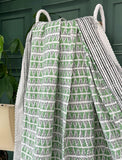 White Green Geometric Triangle Chevron Wave Stripe Kantha Stitch Bed Throw Dohar Hand-block Artisan Summer